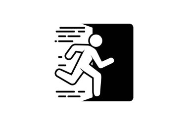 Kısa siyah beyaz bir simge, hızla hareket ettiğini gösteren hız çizgileriyle kapıdan koşarak çıkan bir kişiyi gösteriyor..