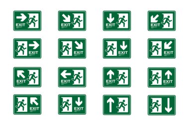 Evrensel koşan adam piktogramının yer aldığı 16 yeşil çıkış levhası çeşitli kaçış rotaları ve yönleri gösteriyor..