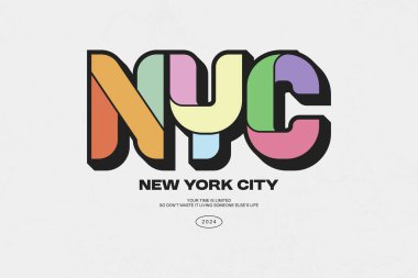 Canlı ve modern grafik tasarımı NYC harflerini renkli, tıkanmış bir yazı tipiyle, New York Şehri metninin altında.