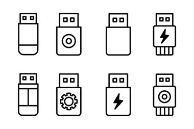 USB flash sürücüleri temsil eden basit çizgi sanat simgeleri koleksiyonu, vites, yıldırım ve dairesel elementler gibi varyasyonlar.