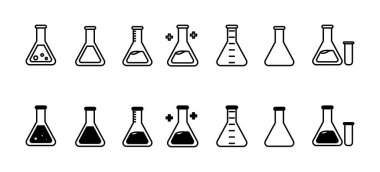 Şişeler ve deney şişeleri gibi çeşitli laboratuvar vitrinlerini temsil eden basit, el çizimi simgelerden oluşan bir koleksiyon. Bazıları sıvı, bilim ve eğitim temaları için uygun..