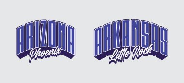 Arizona Phoenix ve Arkansas Little Rock 'ın beyaz çizgili koyu mor yazı tipini gösteren iki kemerli metin grafiği..