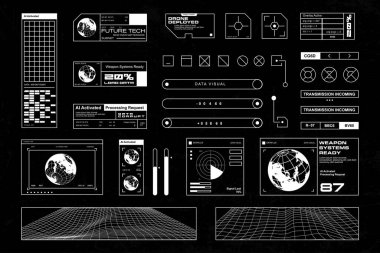 Teknoloji ve bilim kurgu projeleri için mükemmel, gelecekteki kullanıcı arayüzü elementleri ve HUD elementlerinin bir koleksiyonu.