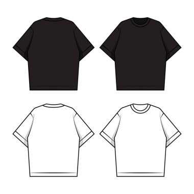 Siyah beyaz tişörtün düz çizimi, ön ve arka manzaraları gösteriyor. Satır sanatı içerir.