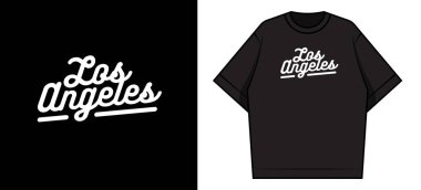 Siyah arkaplanda Los Angeles 'ın beyaz yazı tipini gösteren bir grafik tasarımı, aynı tasarımı gösteren siyah bir tişörtün maketinin yanında sunuluyor..
