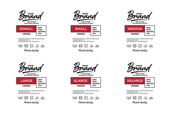 Collection of six clothing size labels, each featuring brand name and size information.