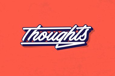 Düşünceler kelimesi parlak turuncu bir arkaplana karşı koyu mavi bir yazı tipi ile beyaz bir el yazısı ile sergilenir..