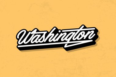 Siyah çizgili, sarı arkaplanlı, beyaz bir senaryoda Washington kelimesinin geçtiği retro-stil bir tasarım..