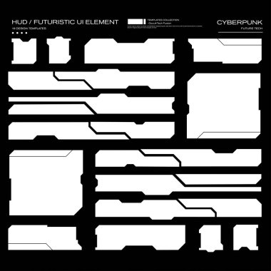 Kapsamlı bir gelecekçi HUD UI Görüntü UI elemanları seti, siber punk, bilim-kurgu ve oyun arayüzleri için mükemmel. Çeşitli çerçeve, kenarlar ve veri gösterimlerini temiz ve modern bir şekilde içerir.