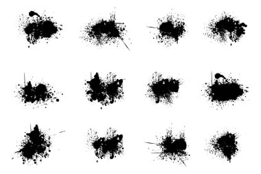 12 farklı siyah mürekkep sıçraması ve fırça darbelerinden oluşan bir set grafik tasarım elementleri için çeşitli doku ve şekiller sunar..