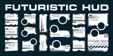 Fütürist HUD arayüz ögelerinin koleksiyonu, dijital tasarım ve kullanıcı arayüzü projeleri için mükemmel.