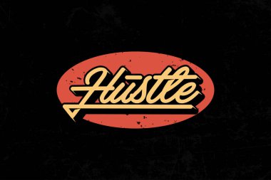 Sarı ve beyaz sıkıntılı tipografi içeren eski bir Hustle logosu, koyu siyah arka planda canlı bir kırmızı ovala karşı ayarlanmış, klasik, çalışkan bir estetiği çağrıştırıyor.