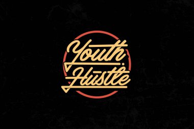 Parlak kırmızı bir hatla çevrelenmiş, koyu, desenli bir arkaplan üzerine kurulmuş, şık bir yazı tipinde Gençlik Hustle kelimelerini gösteren canlı bir neon işareti logosu..
