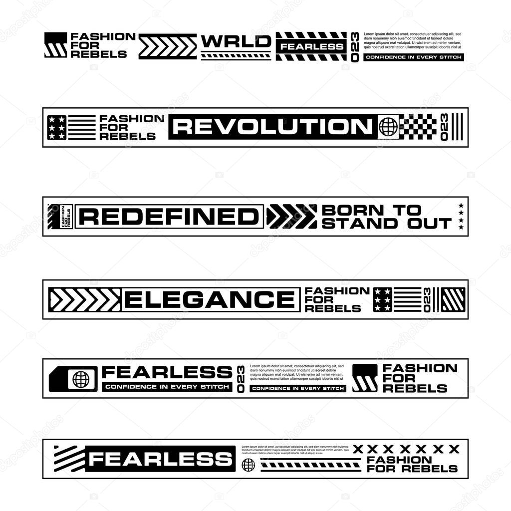 A collection of six distinct monochrome typography designs, each featuring bold text like FASHION FOR REBELS, REVOLUTION, REDEFINED, ELEGANCE, and FEARLESS, with various graphic elements and patterns, presented on a clean white background.