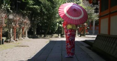 Kimono ve paracel Kyoto Tapınağı infront güzel Japon kızı 