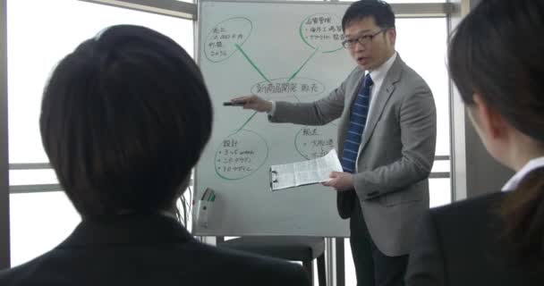 Jefe japonés estableciendo los estándares de ventas para su equipo en la charla motivacional reunión de personal — Vídeo de stock