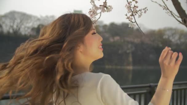 Çekici genç Japon kadın saç hareketleri ve smileing ağır çekim sırasında spin — Stok video
