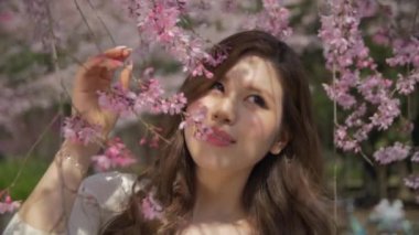 çekici Japanse kızı güzel kiraz çiçekleri ile mükemmel bir gün yavaş yürüme 