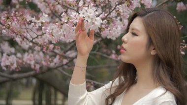 Sakura kiraz çiçeği kokulu ve yavaş hareket gülümseyen güzel genç Japon kız 
