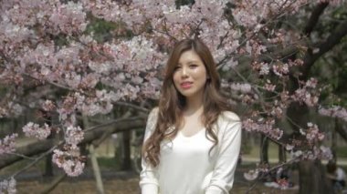 Güzel genç Japon kadın memnuniyetle size Japon sakura kiraz çiçekleri medisum ağır çekim vurdu 