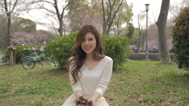 Hermosa chica japonesa sentada en la hierba lanzando hojas en el aire — Vídeo de stock