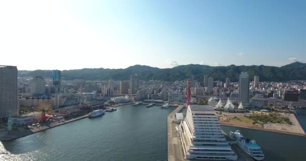 神戸市空中ショットの港と市内のクルーズ船を明らかにします。 — ストック動画