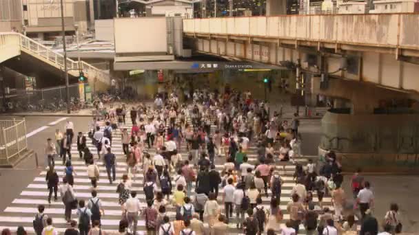 Толпы людей идут через оживленную улицу в Японии — стоковое видео
