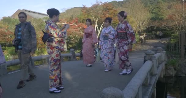 Las niñas con ropa tradicional japonesa se toman una selfie kyoto — Vídeos de Stock