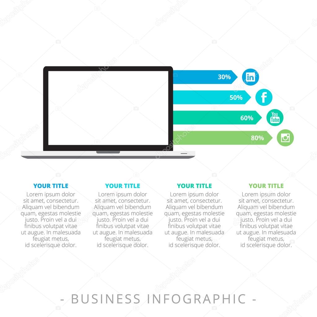 Editable infographic template representing computer monitor silhouette and horizontal bar chart with percent marks and sample text