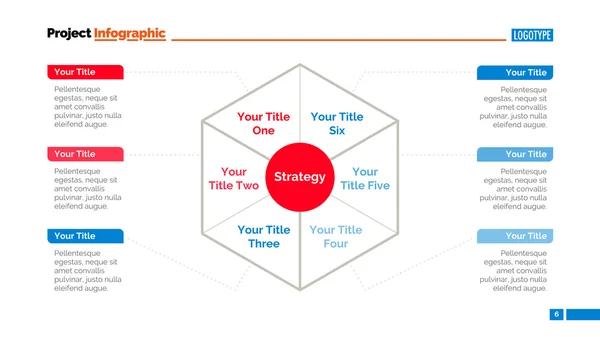 Plantilla de diapositiva de diagrama hexágono de seis zonas — Archivo Imágenes Vectoriales