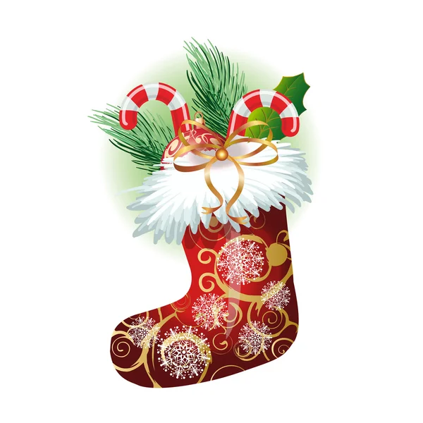 Calcetín de Navidad adornado con regalos — Vector de stock