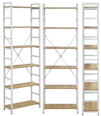 Metal çerçeveli ve ahşap raflı modern raf ünitesi stüdyoda fotoğraflanmış ve beyaz ya da şeffaf arka planda izole edilmiş. Oturma odası, ev ofisi, yatak odası veya koridor içi, mobilya katalogları için uygun açık depo mobilyaları