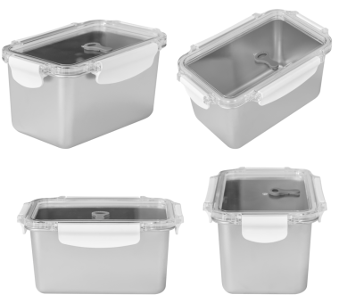 Stüdyoda çekilen yiyecek depolama konteynırı ve şeffaf arka planda izole edildi. Yiyecek depolama, yemek hazırlama, kiler organizasyonu, buzdolabı ve dondurucu kullanımı, mutfak organizasyonu projeleri için uygun yeniden kullanılabilir hava geçirmez mutfak konteynırı