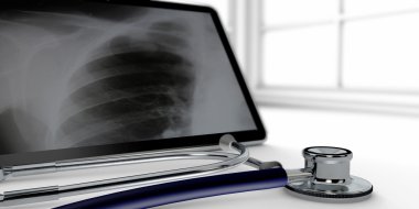 Beyaz bir arka plan üzerinde tablet ile 3D stetoskop