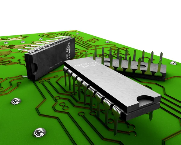 3d Transistori vihreällä levyllä valkoisella taustalla — kuvapankkivalokuva