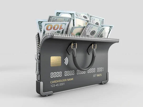 3D-inlösen av öppet kreditkort med dollarsedlar, klippbana ingår — Stockfoto
