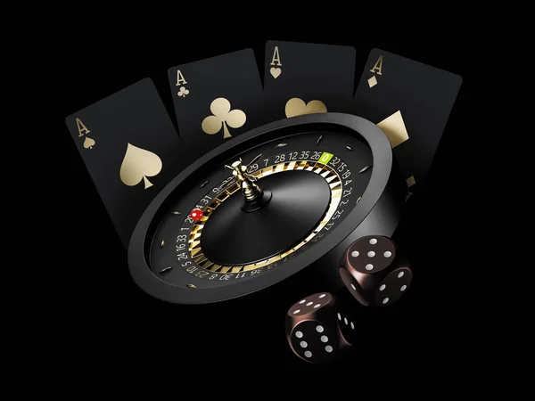 3d Representación de Casino ruleta Rueda con póker tarjetas y casino Dices. ruta de recorte incluido — Foto de Stock