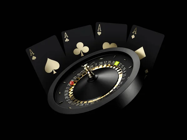 3d Representación de Casino ruleta Rueda con tarjetas de poker. ruta de recorte incluido — Foto de Stock