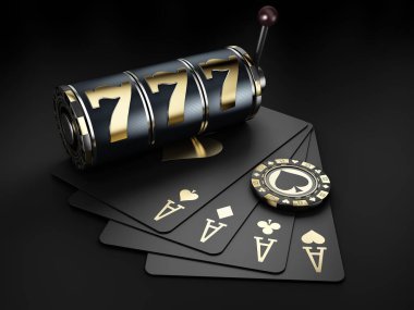 Slot makinesinin çipli ve iskambil kartlı 3d görüntülemesi, kırpma yolu dahil.