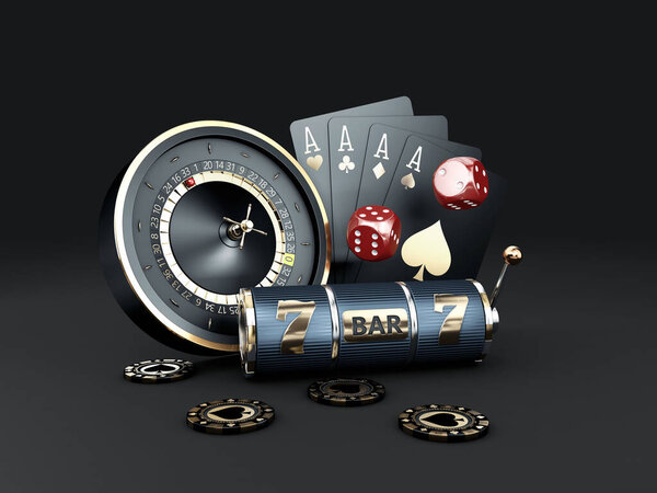 3d rendering of Slot machine with chips, roulette and play cards, clipping path included