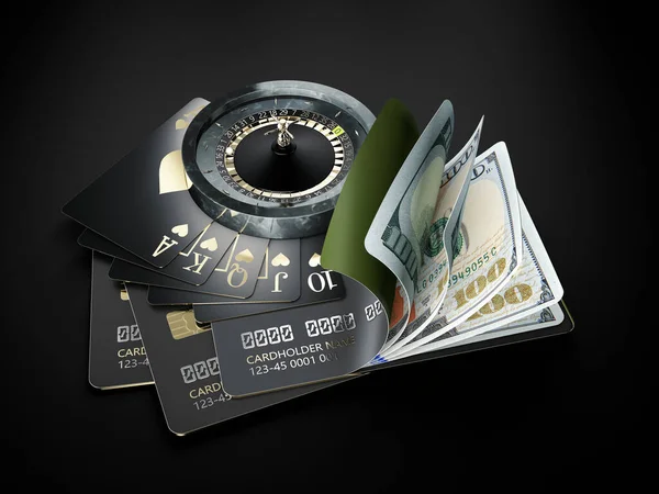 3d Rendering von Open Credit Card mit Dollarnoten mit Roulette und Flash Royal, inklusive Clipping-Pfad. — Stockfoto