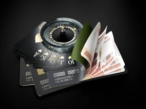 3d Rendering della carta di credito aperta con banconote russe e roulette e Flash Royal, percorso di ritaglio incluso. — Foto Stock