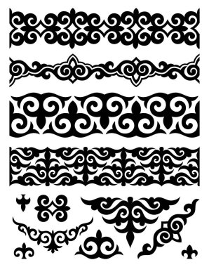 Vektör sınırları ve çerçeveler. Ulusal Kazak süsü seti. Tasarımınız için süslemeli çerçeveler.