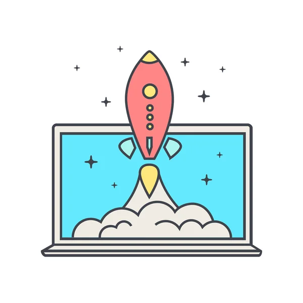 Startup business concept. Flat design illustration. Rocket takes off laptop. — Stock Vector