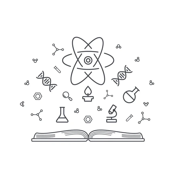 Bilim kavramı Bilgi Bankası - enerji, dna, mikroskop, atomlar, moleküller kimyasal ve fiziksel unsurları ile açık kitap.