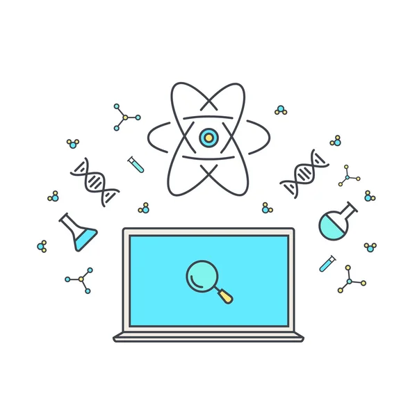 E-learning e educação online. Internet como base de conhecimento. Elementos químicos e físicos de energia, dna, microscópio, átomos, moléculas . —  Vetores de Stock