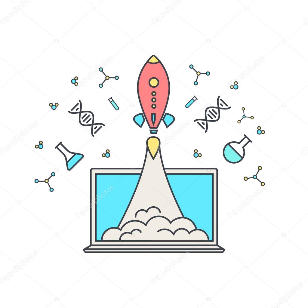 Line style flat design of power of knowledge, discovery, learning process, self education in applied science, computer technology for study. Modern vector illustration concept for your website