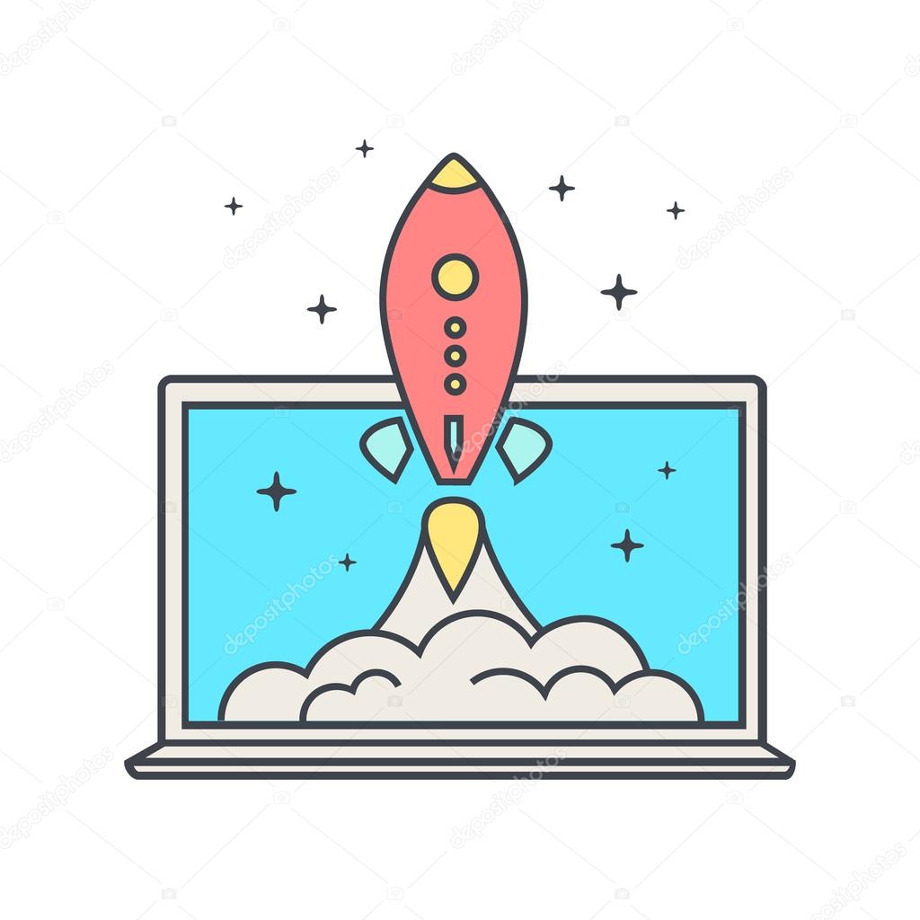 Startup business concept. Flat design illustration. Rocket takes off laptop.