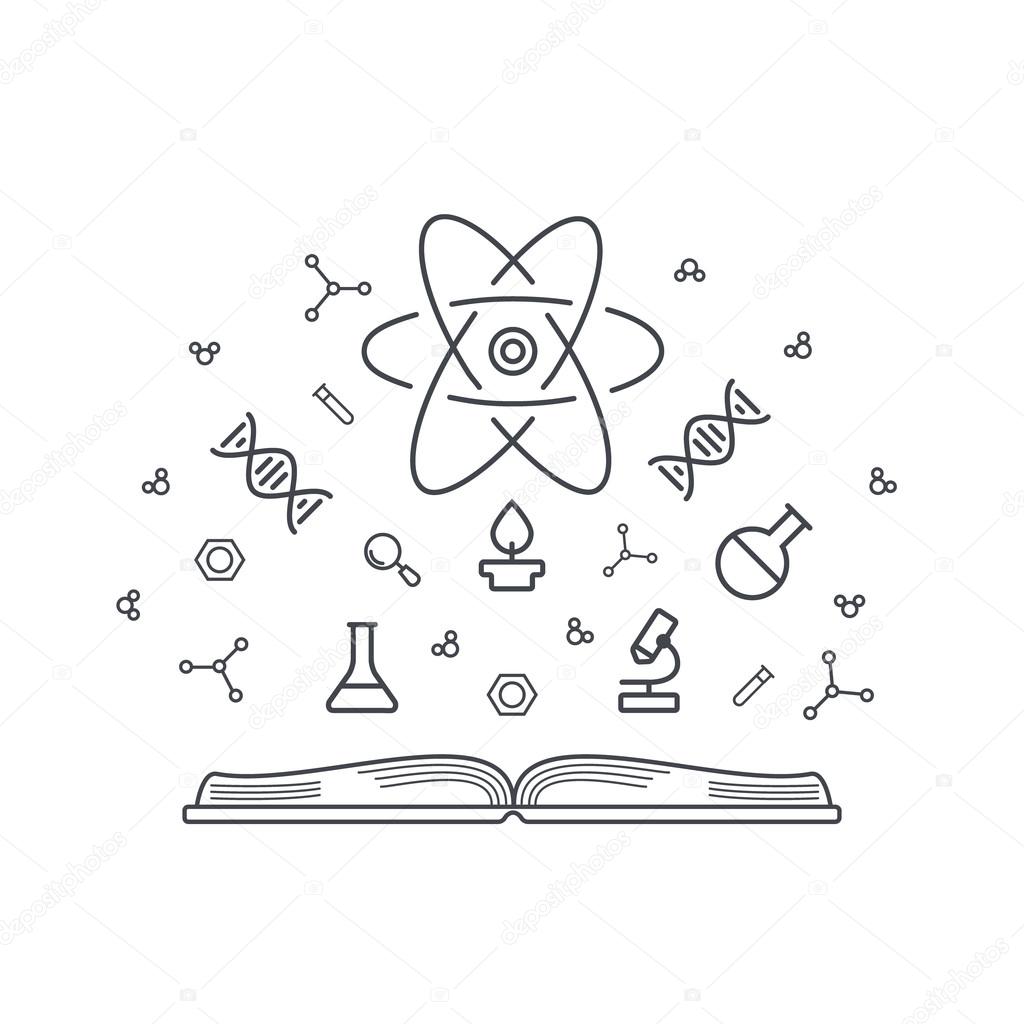 Science concept knowledge base - open book with chemical and physical elements of energy, dna, microscope, atoms, molecules.