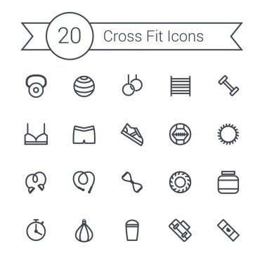 Set of crossfit gym equipment line icons of dumbbells, fitball, protein, stopwatch, punching bag, workout clothes and other. Crossfit training tools.